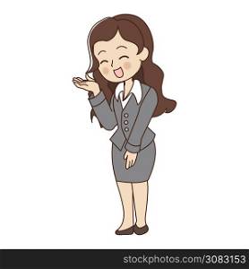 Illustration of business woman ,office girl is happy to welcome, introduce , explanation.