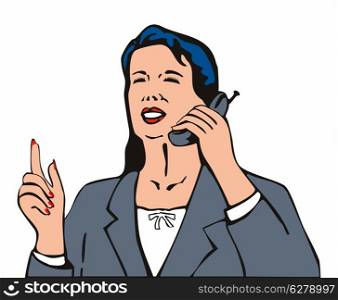 Illustration of business woman talking on the phone isolated on white background done in retro style. . Businesswoman with Phone