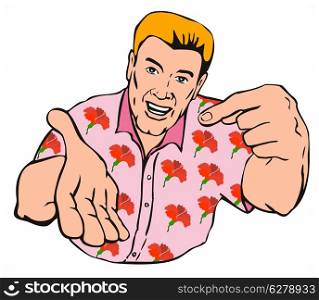Illustration of businessman pointing to his other hand isolated on white background done in retro style. . Businessman Pointing Hand