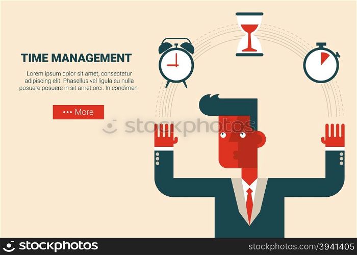 Illustration of businessman who manage his time, flat design for website or print material