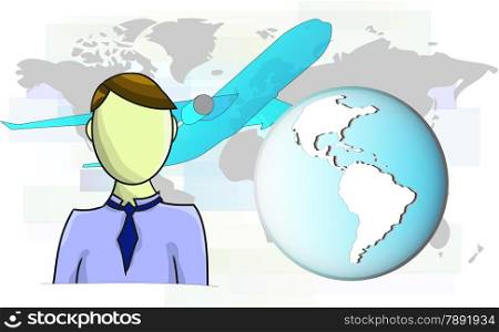 Illustration of businessman with airplane and world map. Elements of this image are furnished by NASA.