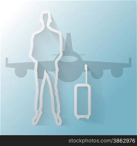 Illustration of businessman with suitcase and airplane