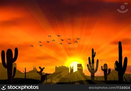 Illustration of cactus tree when the sunset
