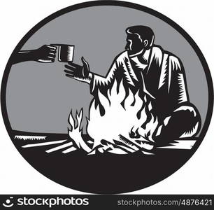 Illustration of camper with a sleeping bag wrapped around his shoulders, holding on tight, sitting in front of a fire, accepting a tin cup of hot coffee set inside circle done in retro woodcut style.