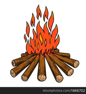 Illustration of campfire in engraving style. Design element for poster, card, banner, menu. Vector illustration