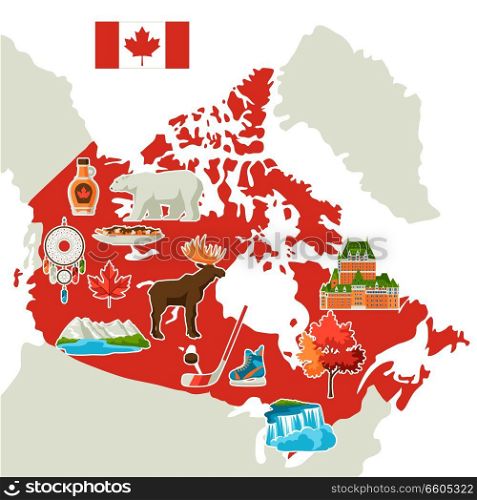 Illustration of Canada map. Canadian traditional symbols and attractions.. Illustration of Canada map.