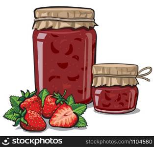 illustration of canned strawberry jam in jars. canned strawberry jam