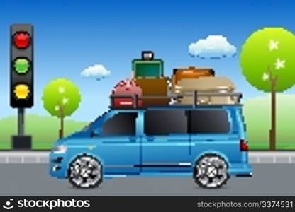 illustration of car in traffic with luggage with tree