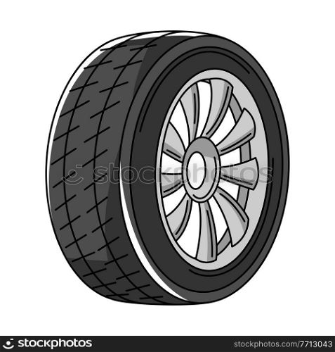 Illustration of car wheel with disk. Auto center repair item. Business icon. Transport service image for advertising.. Illustration of car wheel with disk. Auto center repair item. Business icon.