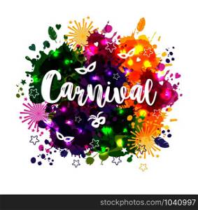 Illustration of Carnival Mardi Gras on multicolors watercolor stains,colors of the Mardi Gras.. Illustration of Carnival Mardi Gras on multicolors watercolor stains,colors of the Mardi Gras. Carnival,watercolor paints.