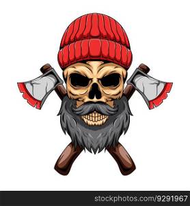 Illustration of carpenter human skull mascot character with crossed axes. Carpenter skull graphic mascot character