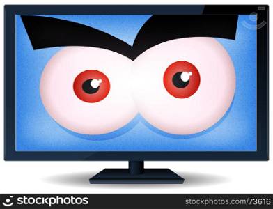 Illustration of cartoon angry eyes inside a flat blue screen, symbolizing for example violence and danger of adult contents on television for children. Violence On Screen TV
