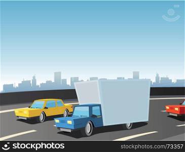 Illustration of cartoon cars and truck driving on the highway. Cartoon Truck On Highway