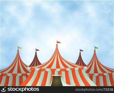Illustration of cartoon circus tents on a blue sky background. Circus Tents Background