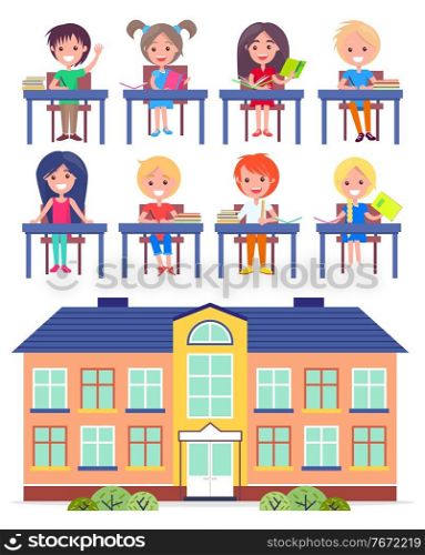 Illustration of cartoon elementary school building and a set of students elementary grades. Students are smiling, sitting at their desks. At the desks, books, textbooks, notebooks, pens and pencils.. Students of elementary school at the desks. Cartoon building of school. Education subjects