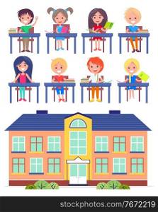 Illustration of cartoon elementary school building and a set of students elementary grades. Students are smiling, sitting at their desks. At the desks, books, textbooks, notebooks, pens and pencils.. Students of elementary school at the desks. Cartoon building of school. Education subjects