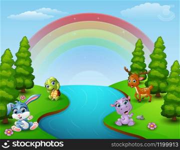 illustration of Cartoon funny animals collection by the river