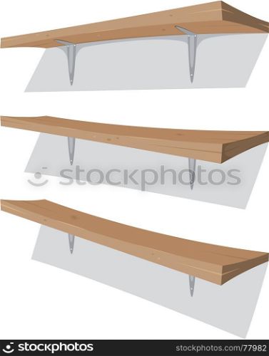 Illustration of cartoon garage wood storage shelves set on the wall with bracket. Wood Shelf On The Wall