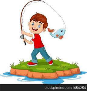 Illustration of cartoon happy boy fishing