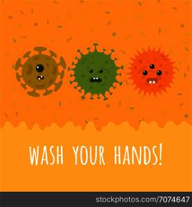 Illustration of cartoon microbes and text. Wash your hands vector banner. Illustration of cartoon microbes and text
