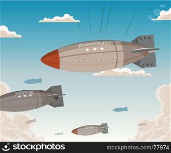 Illustration of cartoon military bombshells falling from the sky with ironical democracy and freedom propaganda message written on it. Democracy Falling From Sky