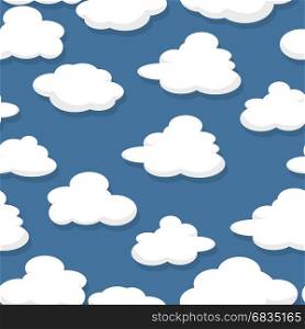 Illustration of cartoon style clouds over a blue sky, seamless pattern