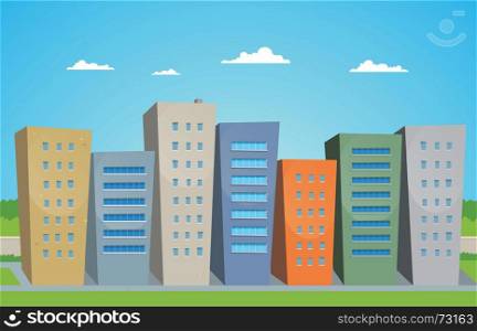 Illustration of cartoon styled street with buildings. Cartoon Buildings