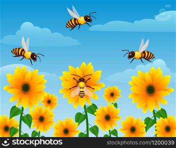 illustration of Cartoon wasp flying over sunflower field