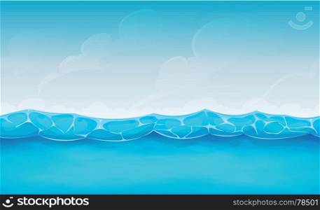 Illustration of cartoon wide seamless water waves and ocean patterns, for summer holidays vacations landscape, or repetitive background for ui game. Seamless Summer Ocean Background For Ui Game