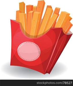 Illustration of cartoon yummy french fries inside red carton package with sign, for snack restaurant and takeaway food. French Fries Inside Red Package