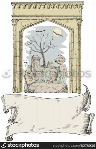 Illustration of cemetery arch scroll done in retro style. . Cemetery Arch Scroll Retro Style