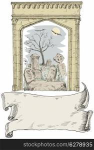 Illustration of cemetery arch scroll done in retro style. . Cemetery Arch Scroll Retro Style