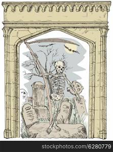 Illustration of cemetery arch scroll with skeleton grim reaper done in retro style.