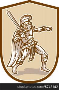 Illustration of centurion roman soldier gladiator holding sword wielding viewed from the side set inside shield crest done in cartoon style on isolated background.. Centurion Roman Soldier Wielding Sword Cartoon