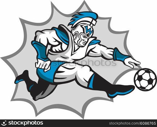 Illustration of centurion roman warrior soldier gladiator soccer player kicking football ball viewed from side on isolated background done in retro style. . Roman Warrior Soccer Player Ball Retro