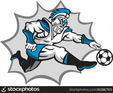 Illustration of centurion roman warrior soldier gladiator soccer player kicking football ball viewed from side on isolated background done in retro style. . Roman Warrior Soccer Player Ball Retro
