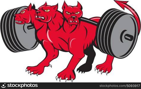 Illustration of cerberus, in Greek and Roman mythology, a multi-headed usually three-headed dog, or hellhound with a serpent&rsquo;s tail, a mane of snakes lion&rsquo;s claws powerlifting barbell done in cartoon style . . Cerberus Multi-headed Dog Hellhound Powerlifting Barbell Cartoon