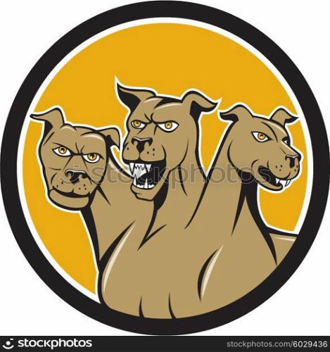 Illustration of cerberus, in Greek and Roman mythology, a multi-headed usually three-headed dog, or hellhound with a serpent&rsquo;s tail, a mane of snakes lion&rsquo;s claws set inside circle done in cartoon style.