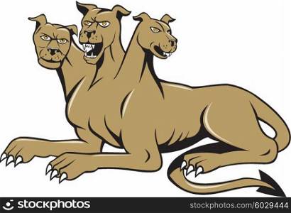 Illustration of cerberus, in Greek and Roman mythology, a multi-headed usually three-headed dog, or hellhound with a serpent&rsquo;s tail, a mane of snakes lion&rsquo;s claws sitting set on isolated white background done in cartoon style.