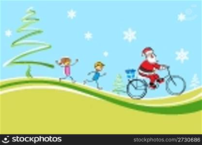 illustration of cheerful christmas card with santa, kids and x-mas tree