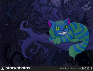 Illustration of Cheshire cat sitting on a branch on the fairy forest background