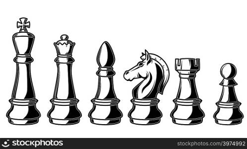 Illustration of chess figures on white background. Design elements for logo, label, sign, poster, card, banner. Vector illustration