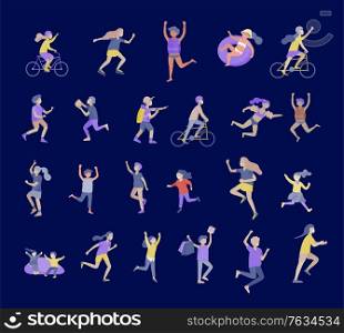Illustration of children playing and doing activities, happy kids with gadgets, running, jumping and with bags and gift, ride a bike, swim, play ball. Illustration of children playing and doing activities, happy kids with gadgets, running, jumping and with bags and gift, ride a bike, swim