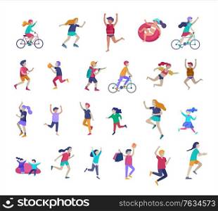 Illustration of children playing and doing activities, happy kids with gadgets, running, jumping and with bags and gift, ride a bike, swim, play ball. Illustration of children playing and doing activities, happy kids with gadgets, running, jumping and with bags and gift, ride a bike, swim