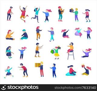 Illustration of children playing and doing activities, kids with gadgets, running, jumping and with bags and gift. Illustration of children playing and doing