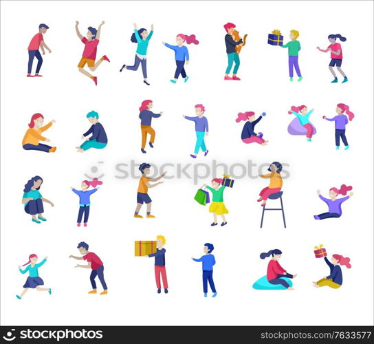 Illustration of children playing and doing activities, kids with gadgets, running, jumping and with bags and gift. Illustration of children playing and doing