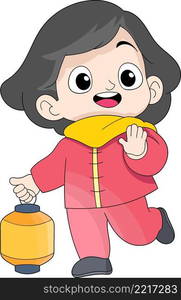 illustration of Chinese New Year celebration, Asian girl is walking carrying a bright lantern, cartoon flat illustration