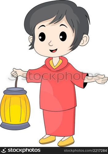 illustration of Chinese New Year celebration, beautiful girl carrying a lantern wearing traditional clothes, cartoon flat illustration