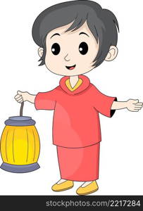 illustration of Chinese New Year celebration, beautiful girl carrying a lantern wearing traditional clothes, cartoon flat illustration