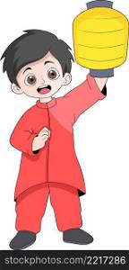 illustration of Chinese New Year celebration, boy carrying a lantern, cartoon flat illustration
